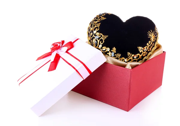 Gift box and decorative heart, isolated on white — Stock Photo, Image