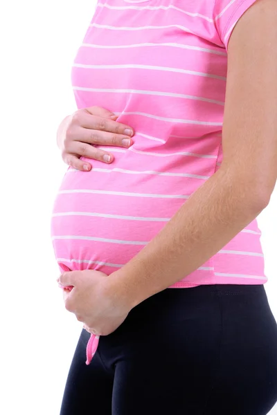Zwanger vrouw aanraken van haar buik close-up — Stockfoto