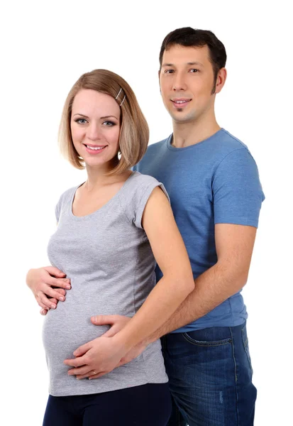 Young pregnant woman with her husband isolated on white — Stock Photo, Image