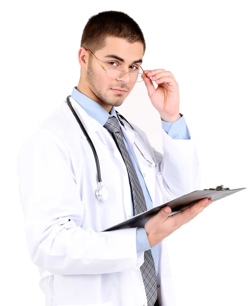 Male Doctor standing with folder, isolated on white background — Stock Photo, Image