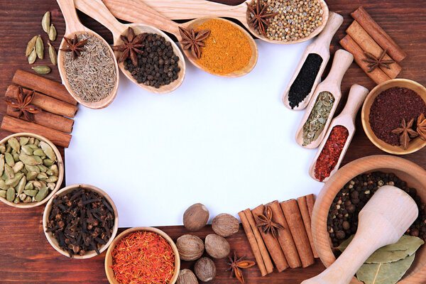 Various spices and herbs with empty white blank for recipe
