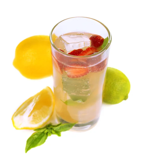 Basil lemonade with strawberry in glass, isolated on white — Stock Photo, Image