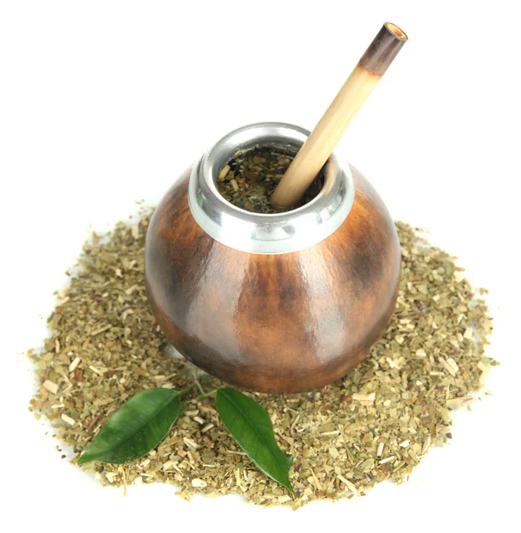 Calabash e bombilla con yerba mate isolate su bianco — Foto Stock