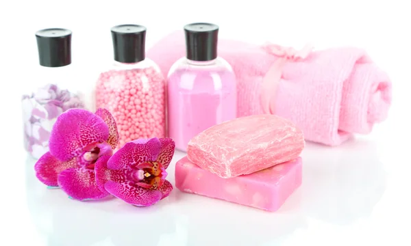 Sea salt, soap and orchid isolated on white — Stock Photo, Image