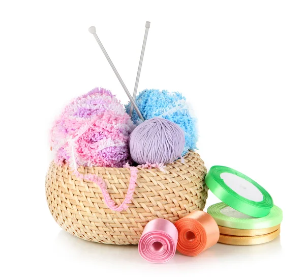 Colorful yarn for knitting in basket isolated on white — Stock Photo, Image