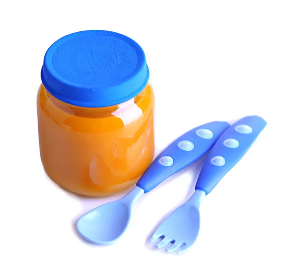 Baby food in glass jar, isolated on white — Stock Photo, Image