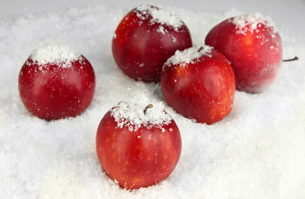 Red apples in snow close up — Stock Photo, Image