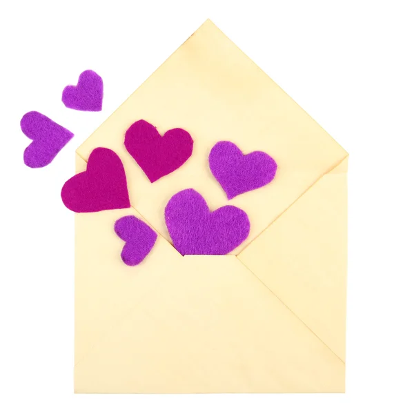 Beautiful old envelope with decorative hearts, isolated on white — Stock Photo, Image