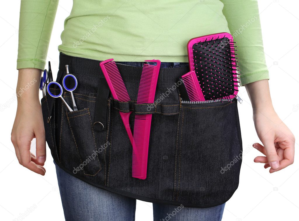 Woman hairdresser with tool belt isolated on white