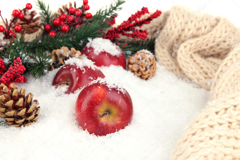Red apples with fir branches and knitted scarf in snow close up