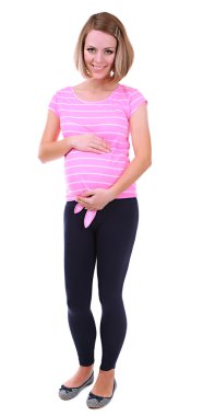 Beautiful young pregnant woman touching her belly isolated on white clipart