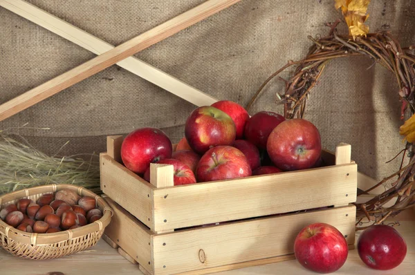 Ripe apples in crate with nuts and wreath of twigs on shelf on sackcloth background — Stock Photo, Image