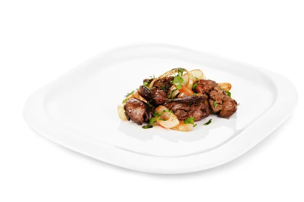 Appetizing fried chicken livers on plate isolated on white — Stock Photo, Image
