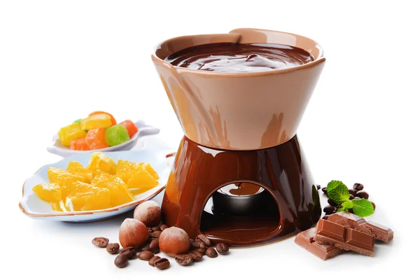 Fondue czekoladowe, na białym tle — Zdjęcie stockowe
