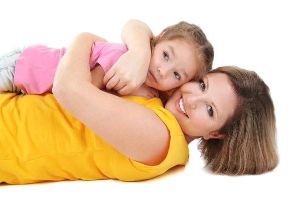 Beautiful mom with little daughter isolated on white — Stock Photo, Image