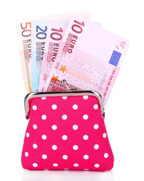 Beyaz izole para ile pembe çanta — Stok fotoğraf