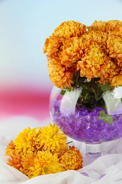 Красиві квіти у вазі з гідрогелем на столі на яскравому фоні — стокове фото