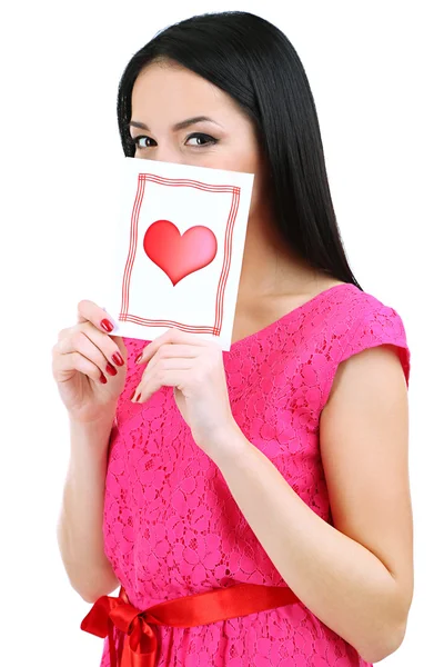 Attraktiv ung kvinna med valentine kort isolerat på vit — Stockfoto
