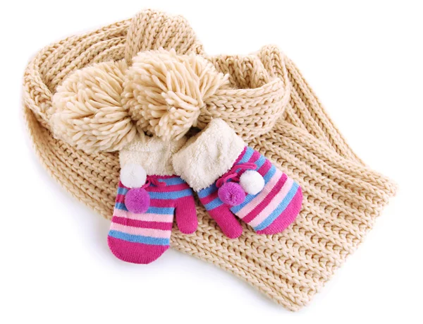 Striped mittens with scarf isolated on white — Stock Photo, Image