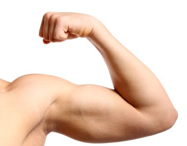 Genç kaslı adam el ile üzerine beyaz izole pazı