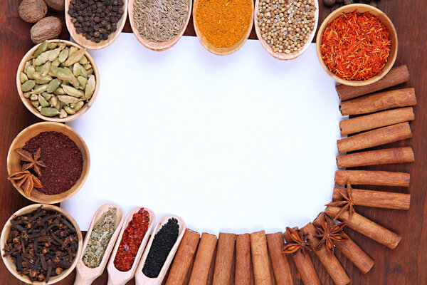 Various spices and herbs with empty white blank for recipe