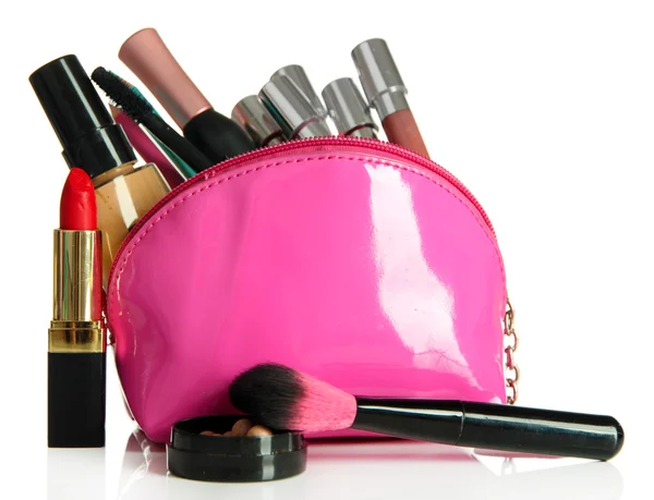 Mooie make-up tas met cosmetica, geïsoleerd op wit — Stockfoto