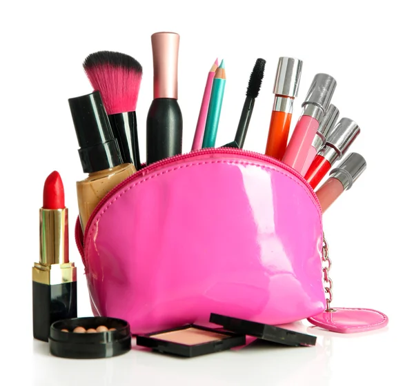 Mooie make-up tas met cosmetica, geïsoleerd op wit — Stockfoto