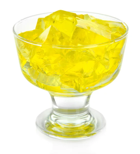 Tasty jelly cubes in bowl isolated on white — Stock Photo, Image