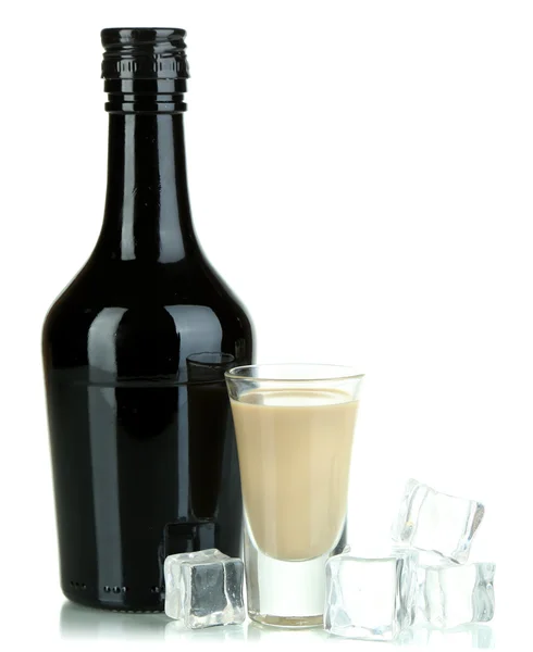 Baileys liqueur in bottle and glass isolated on white — Stock Photo, Image