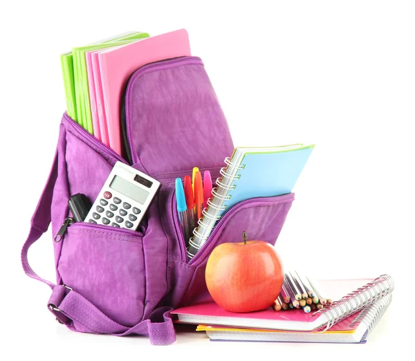 Mochila púrpura con material escolar aislado en blanco —  Fotos de Stock