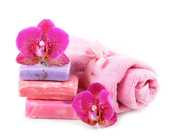 Soap and orchid isolated on white — Stock Photo, Image