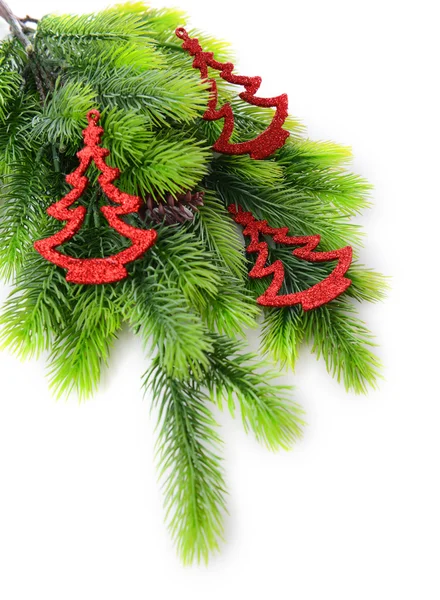 Christmas decorations on fir tree, isolated on white — Stock Photo, Image