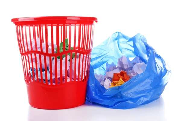 Garbage bin and plastic trash bag, isolated on white — Stock Photo, Image