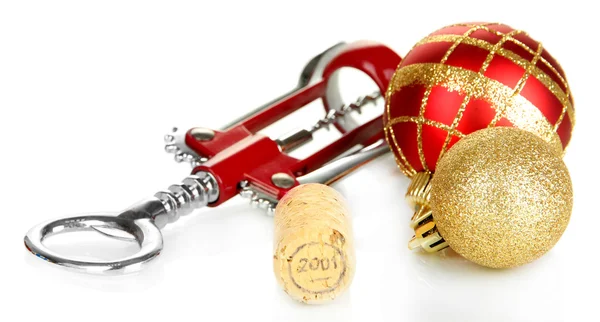 Wine cork with new Year toys isolated on white — Stock Photo, Image