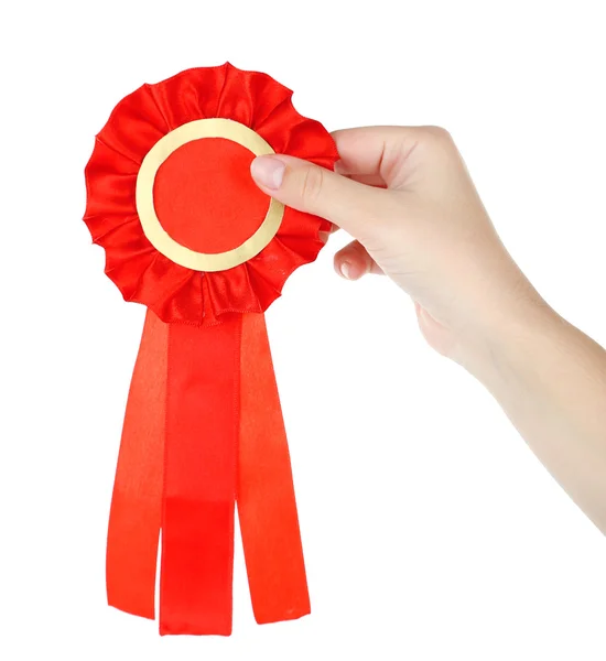 Fita vermelha é símbolo de sucesso e primeiro prêmio, isolado em branco — Fotografia de Stock