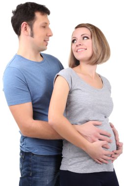 Genç hamile kadının kocası beyaz izole