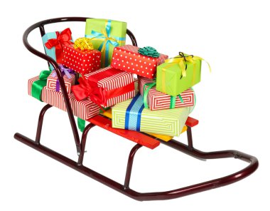 Noel ile kızak sunar, izole üzerinde beyaz