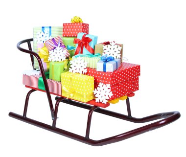 Noel ile kızak sunar, izole üzerinde beyaz