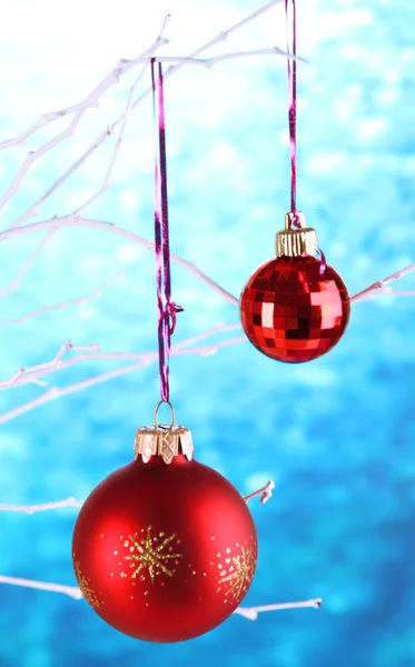 Juguetes de Navidad colgando en la rama sobre fondo azul —  Fotos de Stock