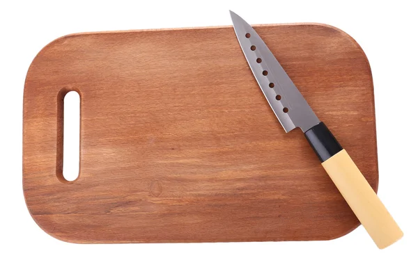 Cuchillo de cocina y tabla de cortar de madera, aislado en blanco — Foto de Stock