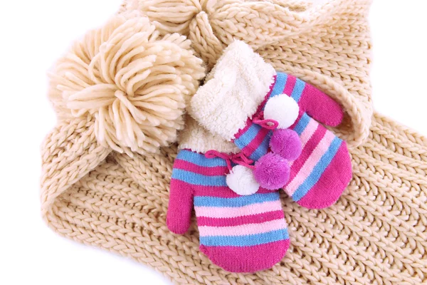 Striped mittens with scarf close up — Stock Photo, Image