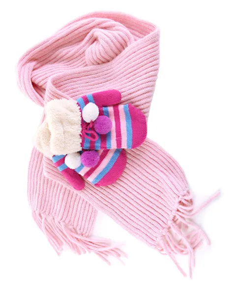 Striped mittens with scarf isolated on white — Stock Photo, Image