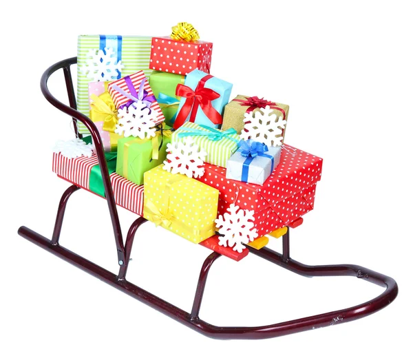 Sledge with Christmas presents, isolated on white — Stock Photo, Image