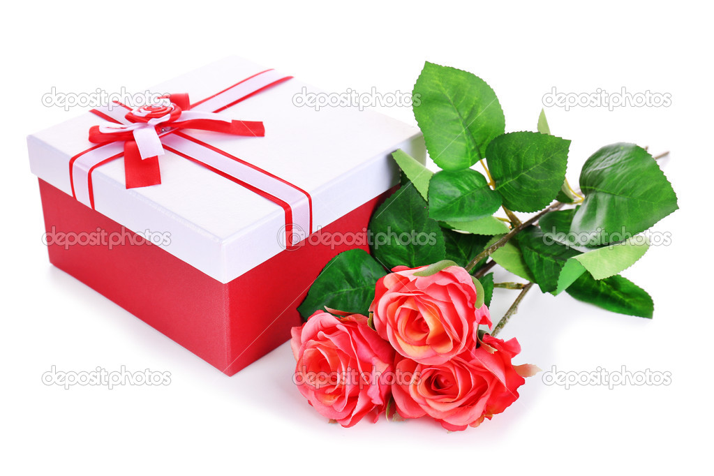 Beautiful gift box with flowers isolated on white