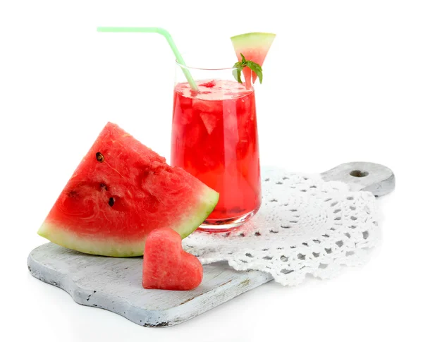 Fresh watermelon and glass of watermelon juice isolated on white — Stock Photo, Image