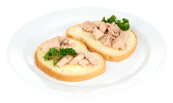 Sandwichs savoureux au foie de thon et de morue, isolés sur blanc — Photo