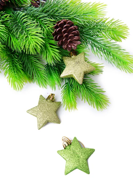 Christmas decorative stars on fir tree, isolated on white — Stock Photo, Image