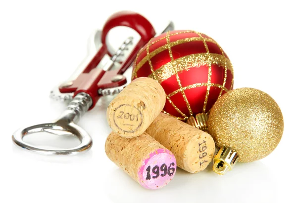 Corchos de vino con juguetes de Año Nuevo aislados en blanco — Foto de Stock