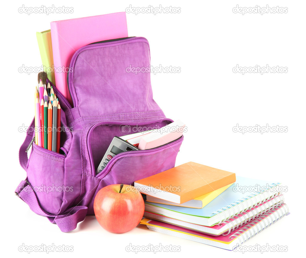 Purple backpack with school supplies isolated on white