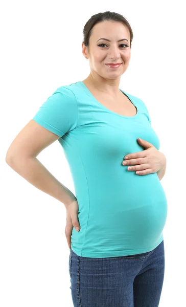 Hermosa joven embarazada tocando su vientre aislado en blanco —  Fotos de Stock